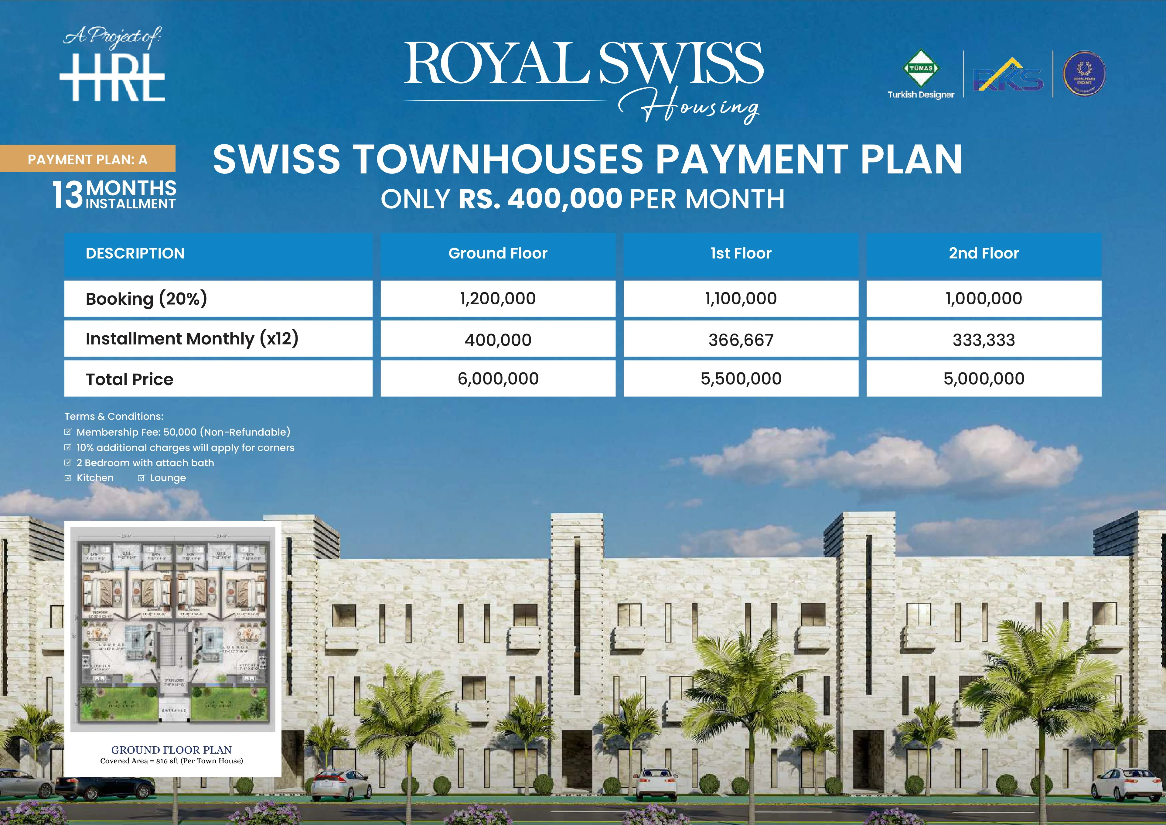 Royal Swiss Townhouse 13-month payment plan A for ground, first and second floor units